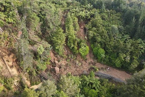 Aerial photo showing a very large land-slip on Russell Road. 