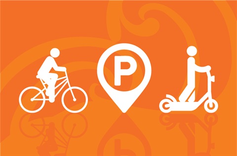 Three icons on an orange background: a cyclist, a parking symbol and a scooter. 