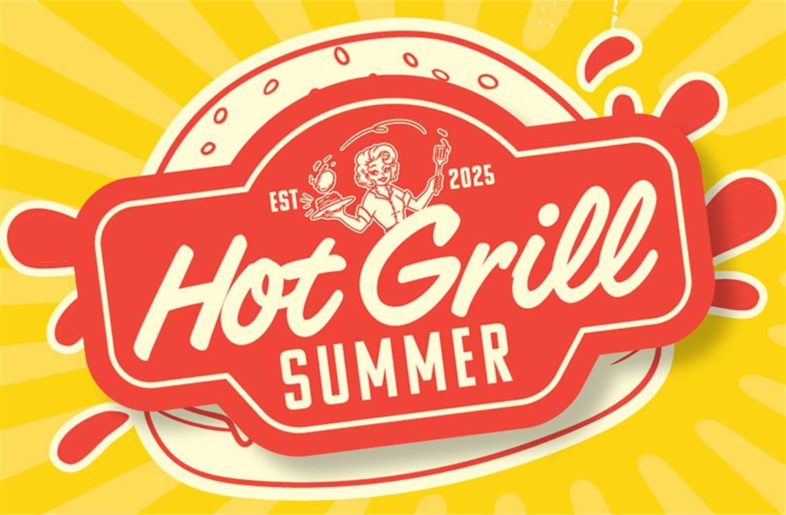 Hot Grill Summer event logo with lady cooking a burger on a coal BBQ with a large burger in the background. 