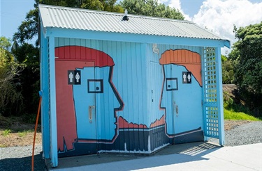 The toilet block at Parua Bay Skatepark that was relocated from Matapōuri. 