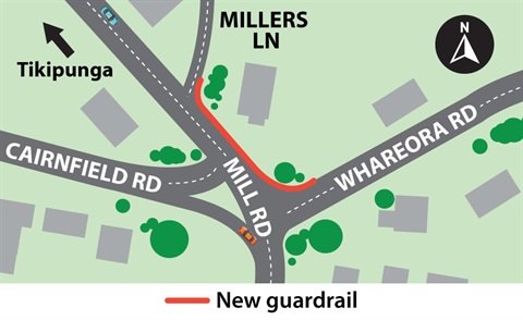 Map showing area in scope for the new guardrail at the intersection of Mill Road, Waiatawa Road and Whareora Road. 