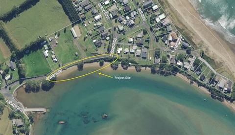 Map showing area of the seawall project on Aubrey Road, North Pātaua.