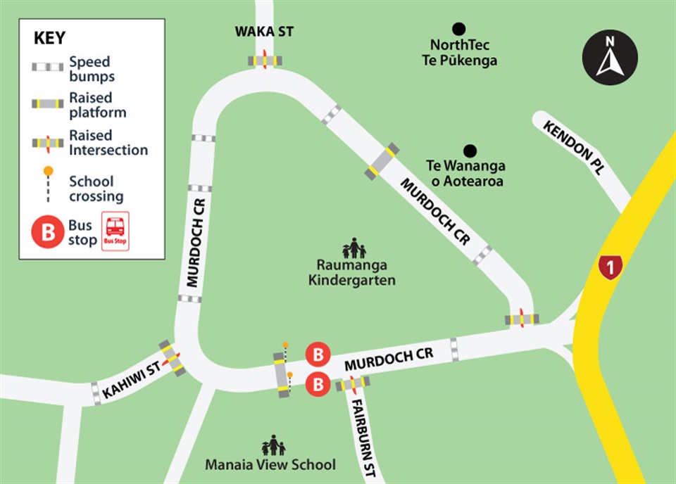 Graphic map showing part of Murdoch Crescent in Raumanga closed.