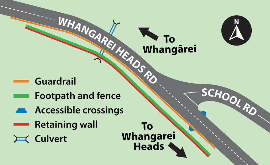 Map graphic detailing the works for the Whangarei Heads Road culvert and retaining wall project. 