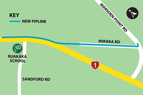 A map showing the new pipeline for the Miraka Road watermain upgrade. 