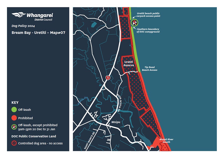 Map showing dog access rules for Bream Bay and Uretiti.
