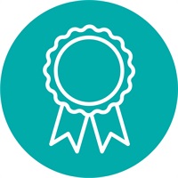 A green icon with an outline of a rosette. 