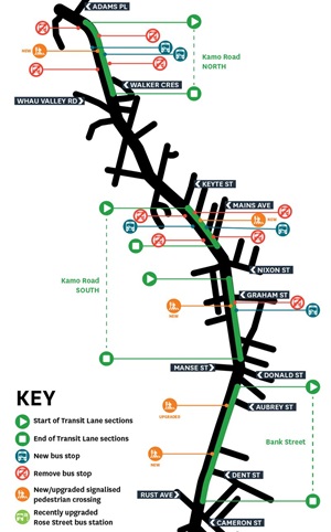 A stylised map showing overview of changes caused on Kamo Road and Bank Street by the T2 priority lane.