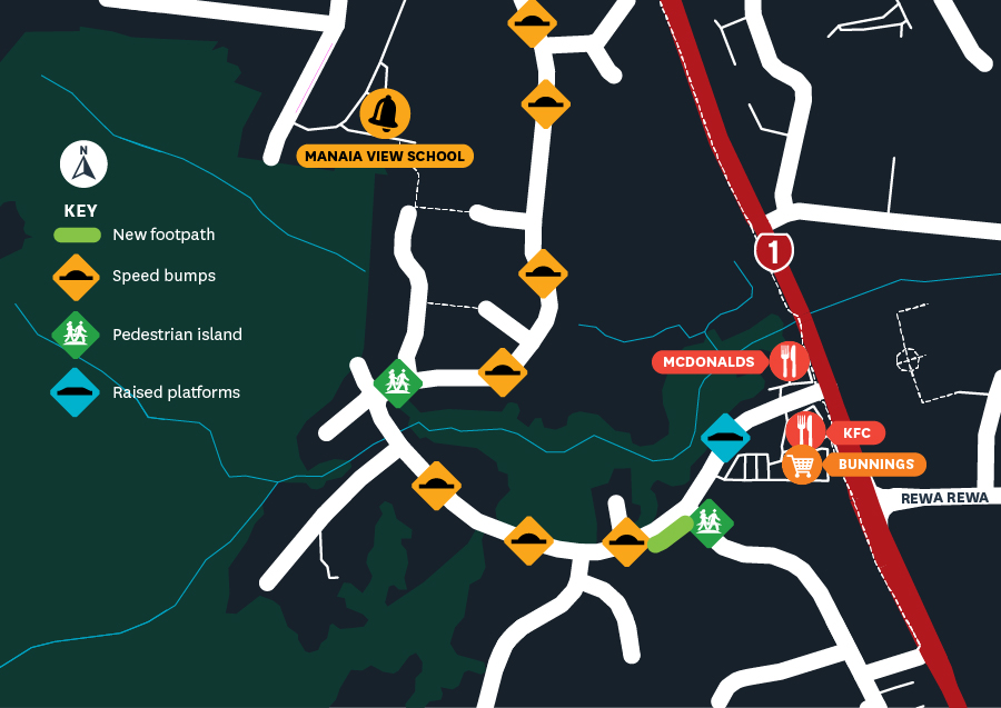Map showing new footpath, speed bumps, pedestrian island and raised platforms.