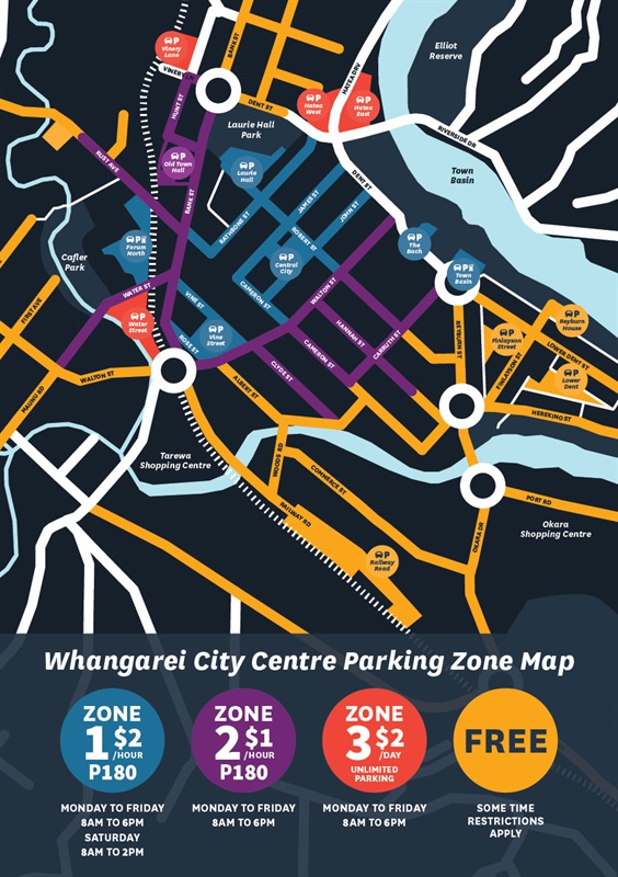 Parking zone map which shows the parking zones, fees, time limits and when the fees are payable. 