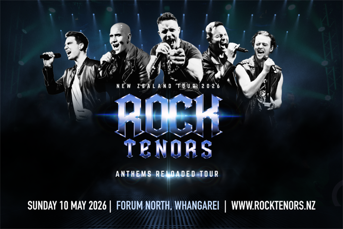 Promotional graphic for the Rock Tenors “Anthems Reloaded Tour.” The image features five performers in dark attire against a black background with dramatic lighting. Centered metallic text reads “ROCK TENORS,” and below it, smaller text says “ANTHEMS RELOADED TOUR.”