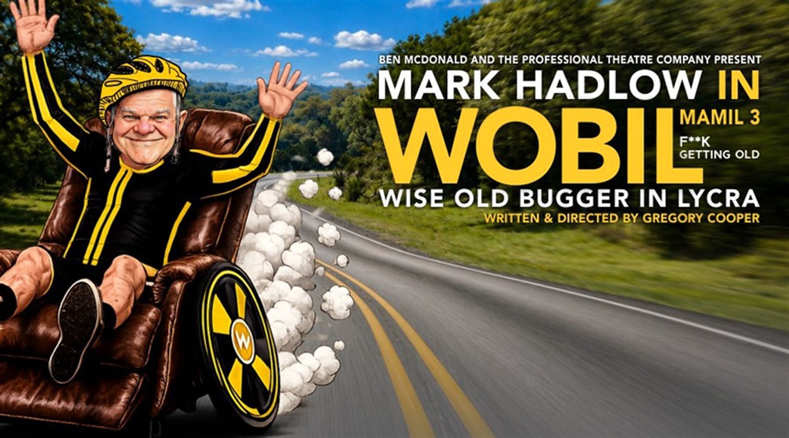 A graphic promo tile of Mark Hadlow wearing cycling gear and riding on a motorised armchair on a road. 