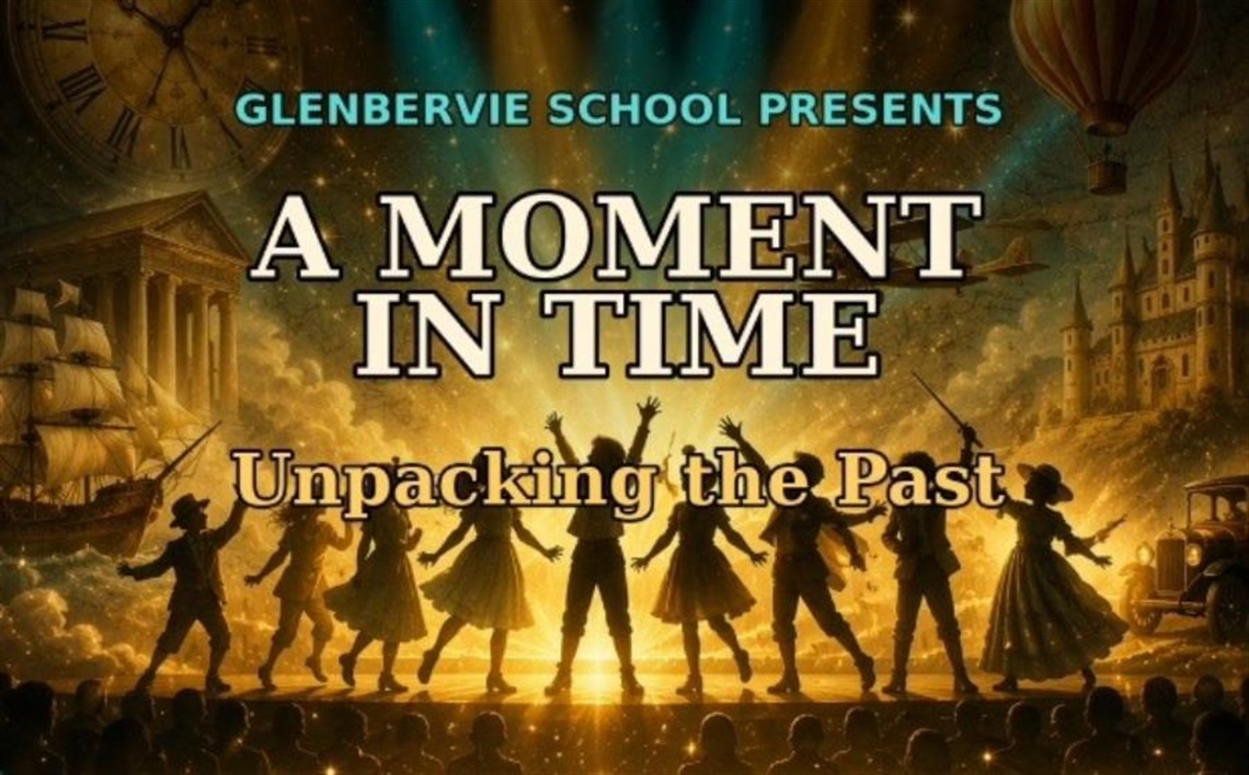 Silhouetted student performers stand on a brightly lit stage surrounded by historical imagery including clocks, a sailing ship, classical buildings and vintage transport.