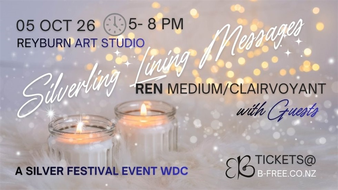 Promotional poster for Silver Lining Messages event at Reyburn Art Studio. Featuring two glowing candles, soft lights, event details and ticket information.