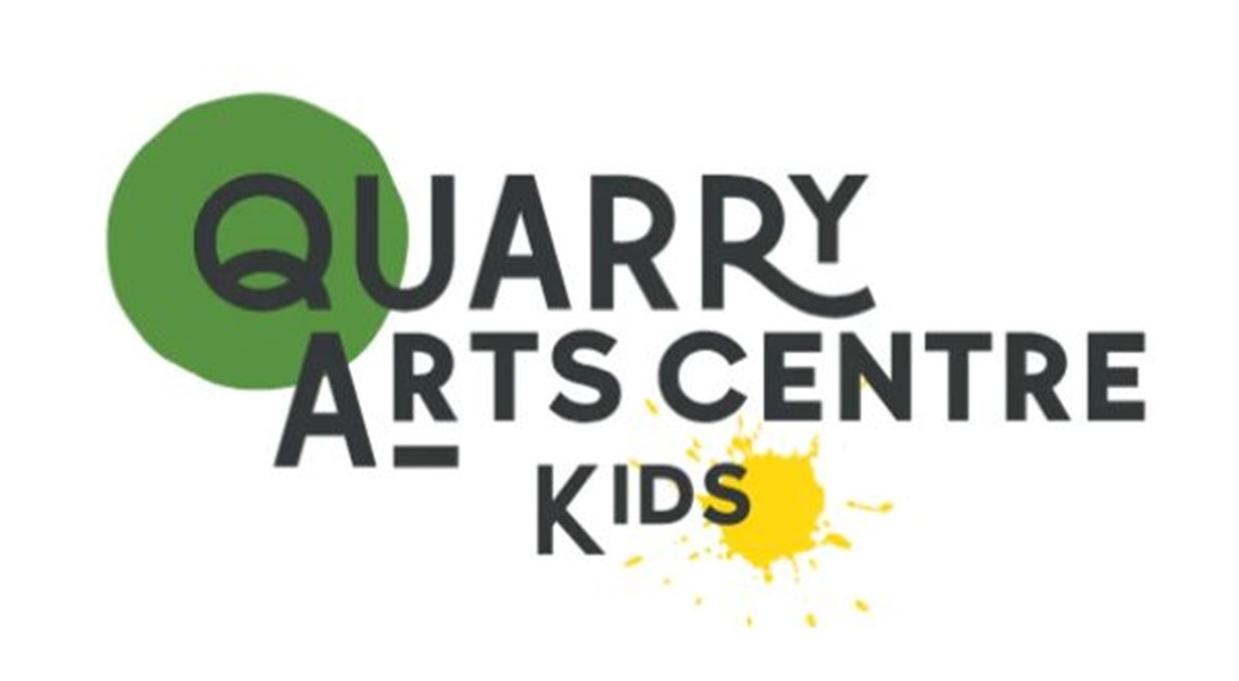 Logo for Quarry Arts Centre Kids. The design features the words “QUARRY ARTS CENTRE” in bold black uppercase letters, arranged in a playful layout. The letter “Q” is placed inside a large green circle on the left, and the word “KIDS” appears below in smaller black letters with a bright yellow paint splatter behind it, adding a fun and creative touch.
