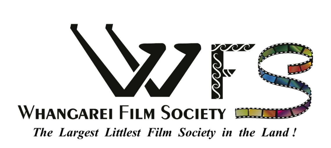 Logo of Whangarei Film Society featuring stylized black letters 'W' and 'F', a colorful film strip forming the 'S', and the tagline 'The Largest Littlest Film Society in the Land!'