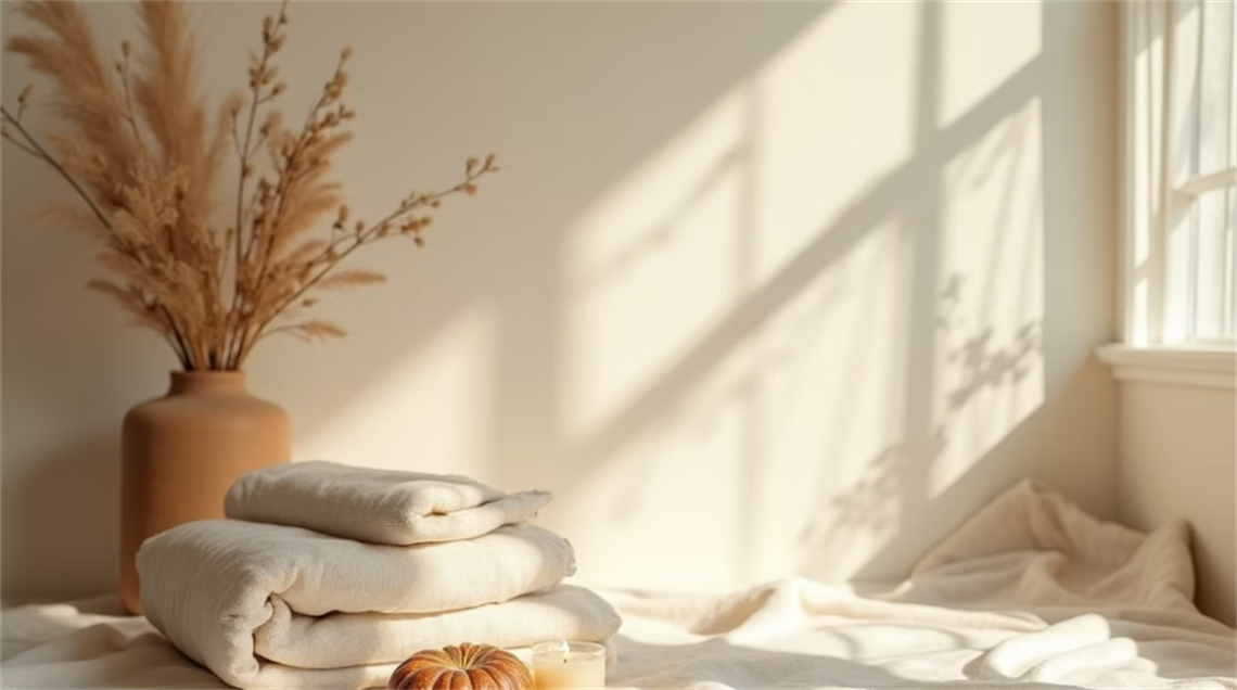 A soft sunlight streams through a window, casting shadows across cream linens and neatly folded blankets beside a ceramic vase of dried grasses and a candle.