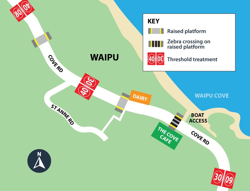 Map showing location of roadworks and raised platforms on Cove Road, Waipu Cove. 