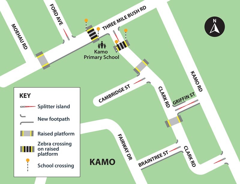 Map showing roadworks along Clark Road road and Three Mile Bush road.