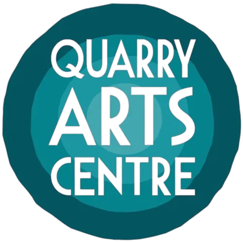 Circular logo for Quarry Arts Centre with layered teal and dark green design and bold white text in the center.
