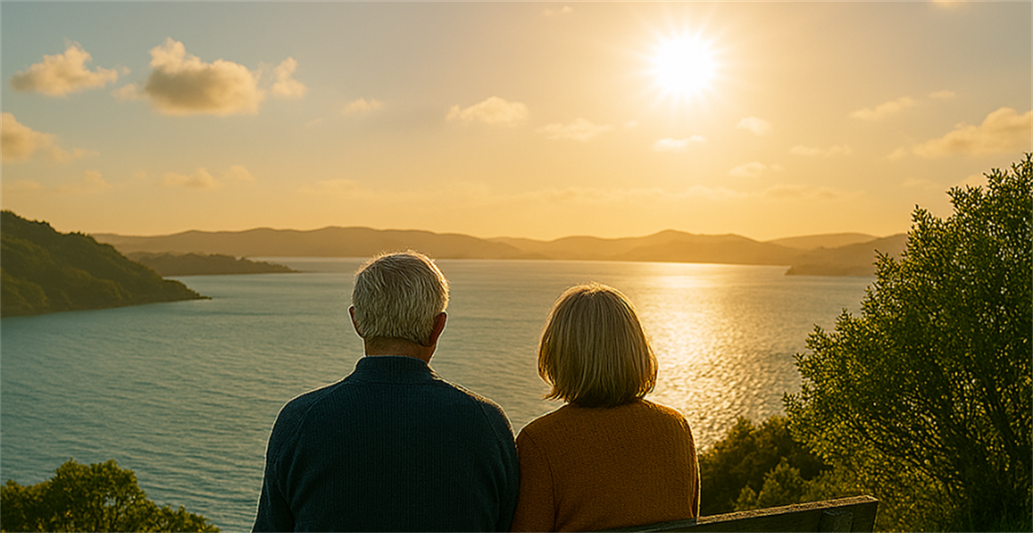 Two people sitting on a bench overlooking a large body of water with mountains in the background, under a golden sunrise or sunset sky with clouds and trees framing the scene.