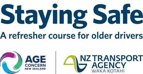 Promotional banner for the course 'Staying Safe: A refresher course for older drivers,' featuring logos for Age Concern New Zealand and NZ Transport Agency Waka Kotahi.