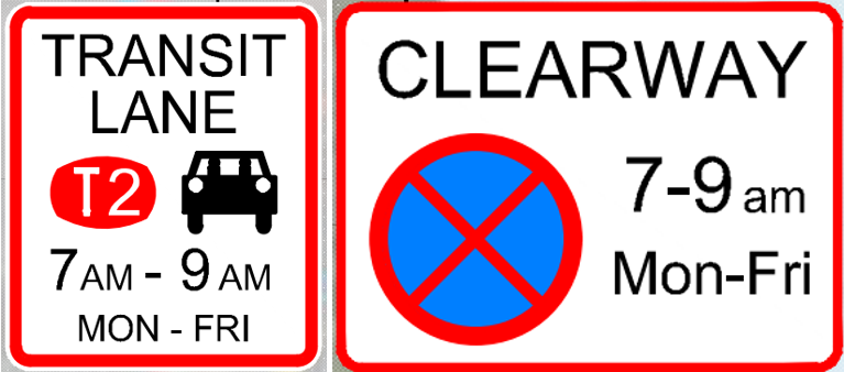 T2 lane and Clearway signs.