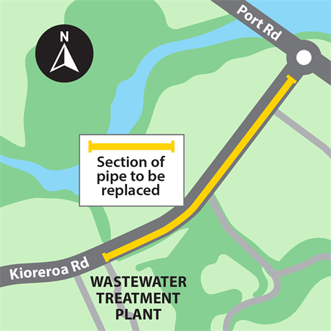 Map showing the section of new pipe to be layed on Kioreroa Road. 