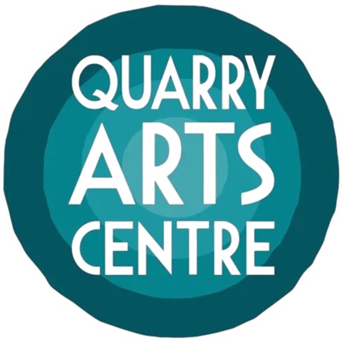 Logo for Quarry Arts Centre featuring a circular design in shades of teal and turquoise with bold white uppercase text reading 'QUARRY ARTS CENTRE' in the centre. 