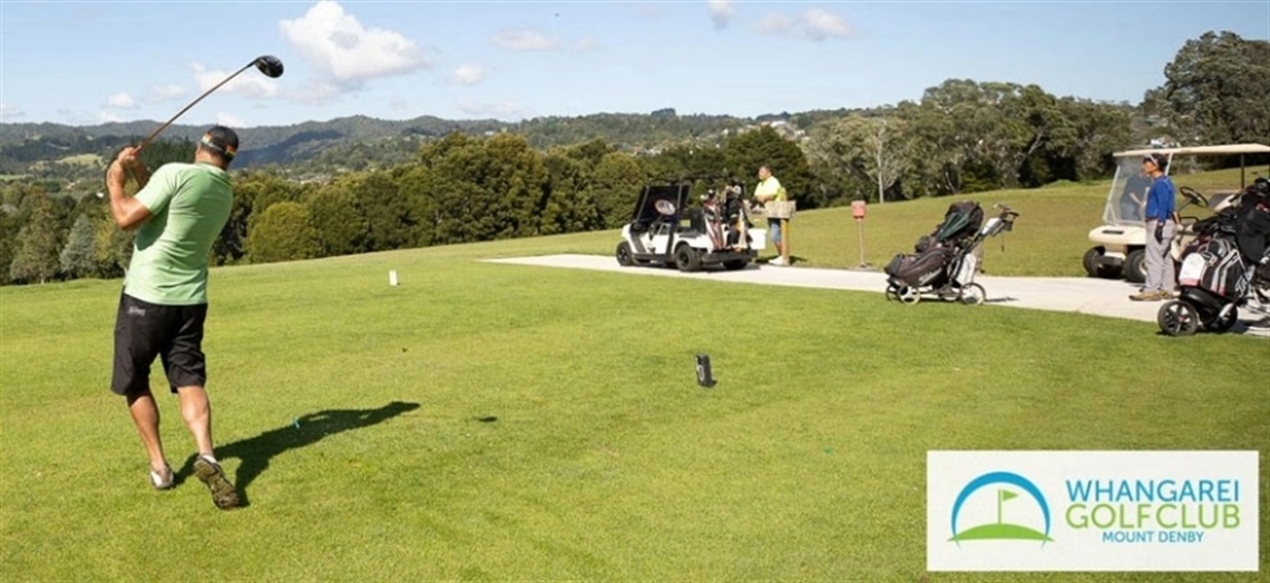 Golfer in mid-swing on a lush green golf course with trees in the background. Two golf carts and several golf bags are nearby. The sky is mostly clear with a few clouds. A logo in the bottom right corner reads 'WHANGAREI GOLF CLUB MOUNT DENBY' with an illustration of a golf flag and green.