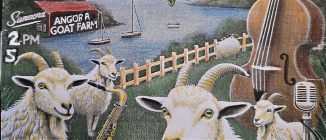 Illustrated poster showing goats in a grassy area near a wooden fence and a waterfront with sailboats. A large upright double bass and a vintage microphone appear on the right side, and one goat holds a saxophone. Text on a red-roofed barn reads ‘Angora Goat Farm,’ with additional text indicating ‘Summer’ and ‘2 PM