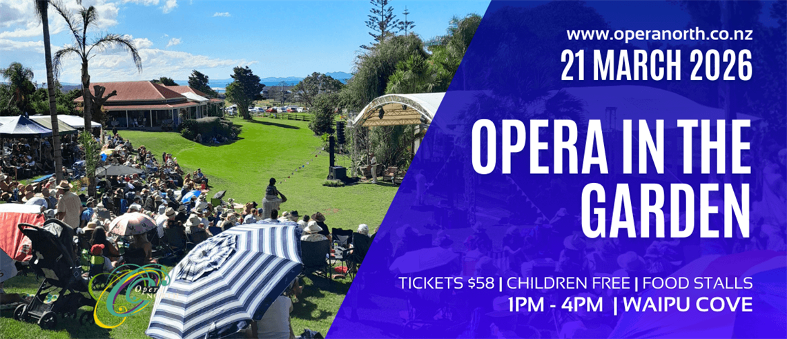 Opera in the Garden image showing people seated looking at a stage. 