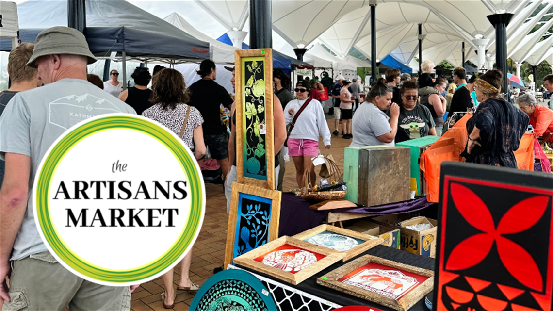The artisan markets logo over top of an image showing stalls on the Canopy Bridge and people mulling looking at items to purchase. 