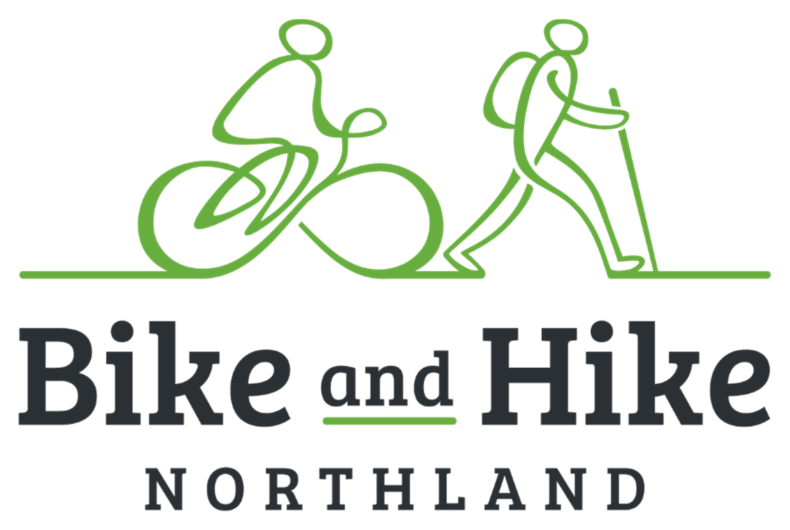 Bike and Hike Northland logo featuring a green line drawing of a cyclist and a hiker with a walking pole above the words 'Bike and Hike' in bold dark lettering and 'NORTHLAND' below.