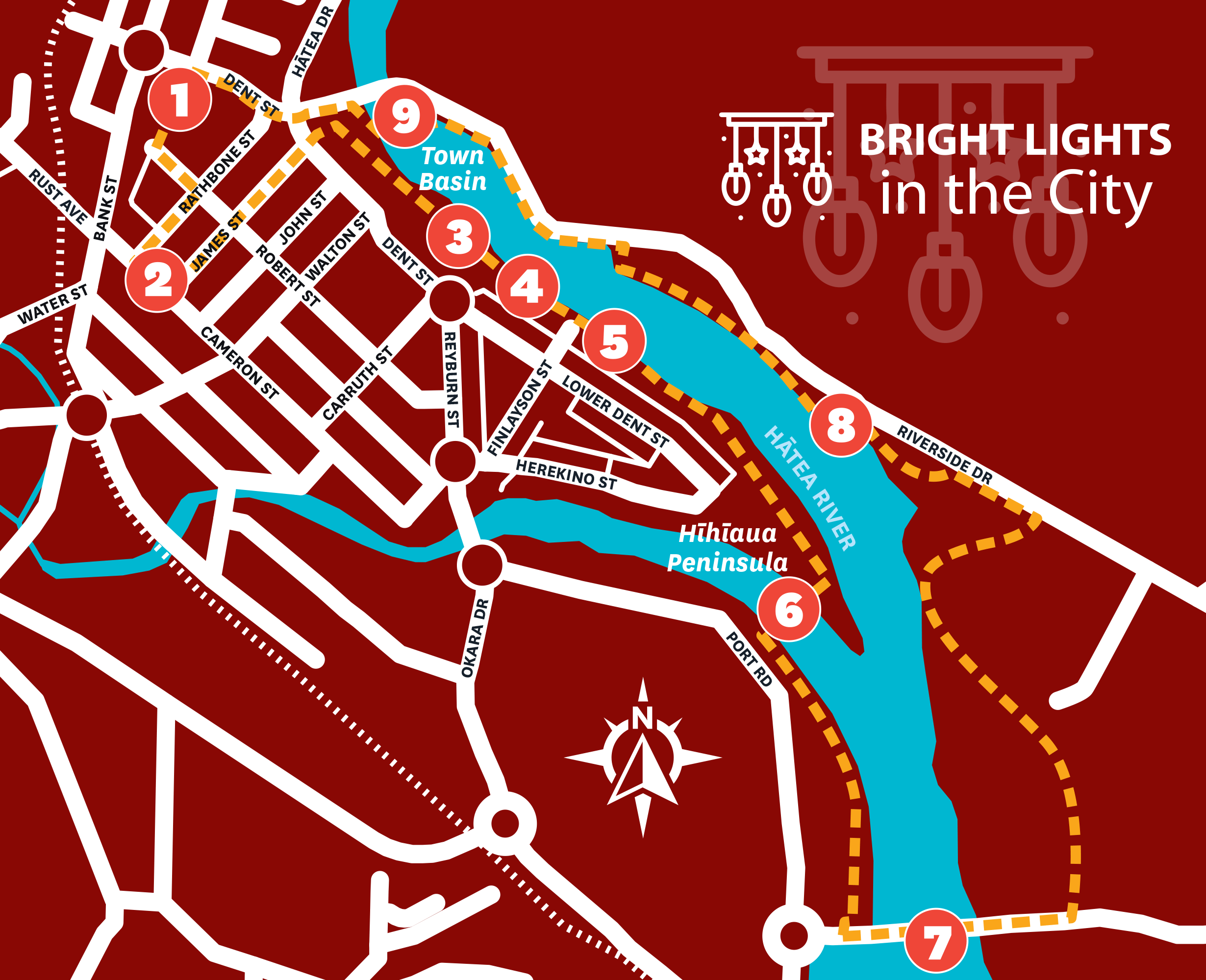 Stylised map showing locations for Bright Lights in the City installations.