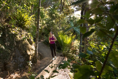 Photo of woman running through native bush.  