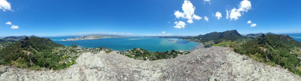 Wide panorama photo showing 360 degree views from the top of Mount Aubrey. 
