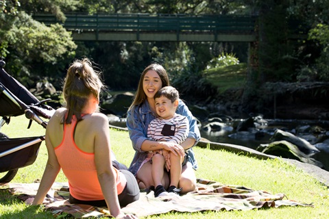 Two adults and a child having a picnic at Mair Park. 
