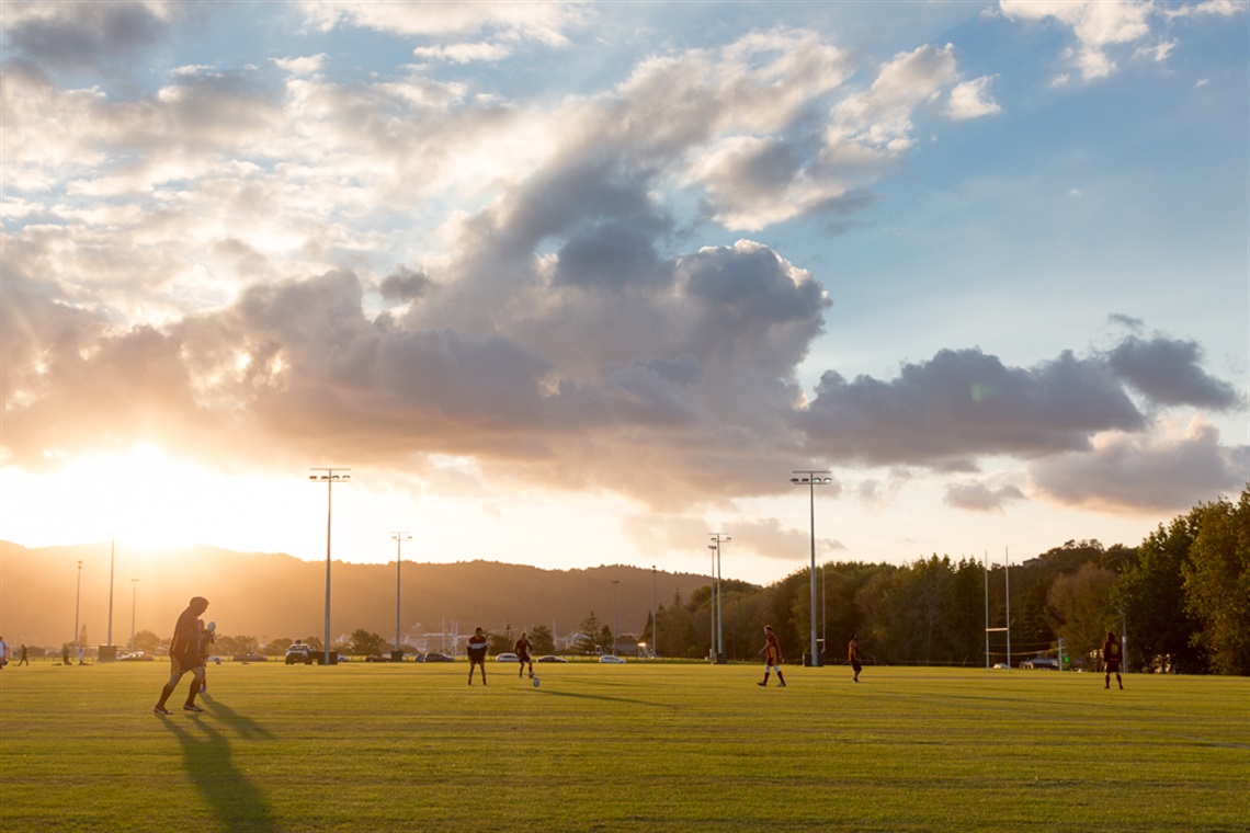 A photograph at sunset at Pohe Island sportgrounds.