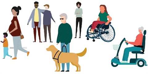An illustration showing people with various access needs. 