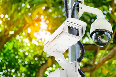 Outdoor CCTV cameras mounted on a pole with green foliage in the background. 