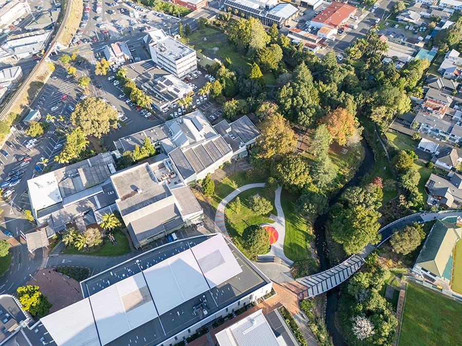 An aerial view of the Knowledge Precinct, including Forum North, the Central Library and Te Iwitahi (civic centre).