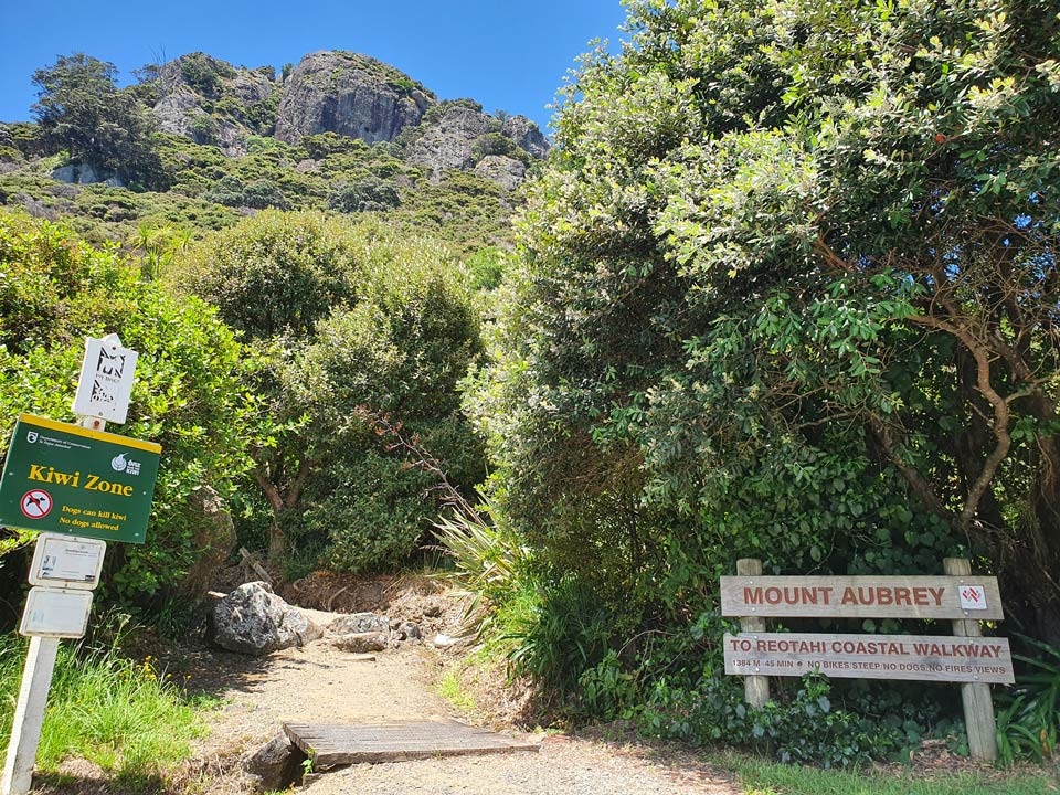 Photo showing the start of the Mount Aubrey walk as seen from Tiller Park on Reotahi Road. 
