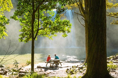 Image of a man and woman sitting at a picnic bench at the base of Otuihau Whangārei Falls.