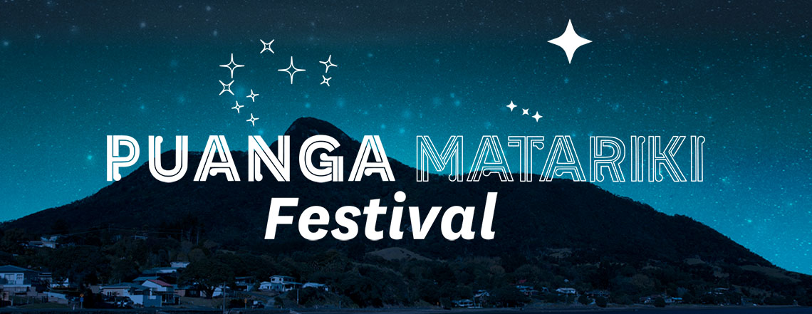 Night sky above a mountain and coastal town, with stars sparkling overhead and the words “Puanga Matariki Festival” displayed across the scene. 