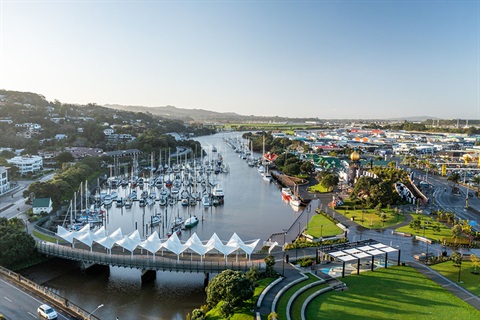 An aerial photograph of Whangarei town basin and marina.