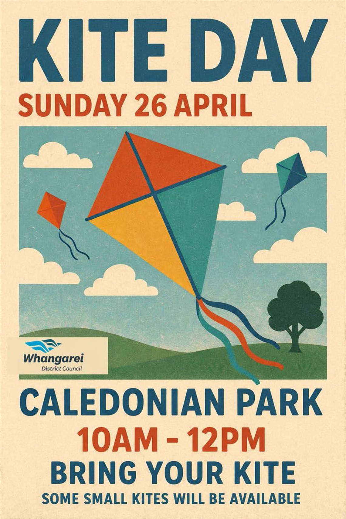 A poster with event details and a graphic illustration of a kite flying in the sky. 