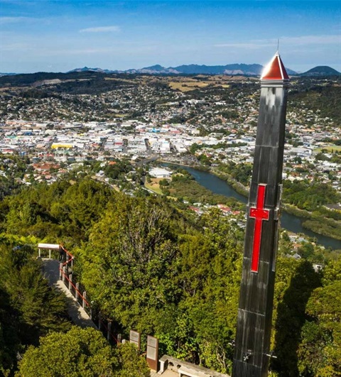 An aerial view from the top of Parihaka showing the war memorial and city below.